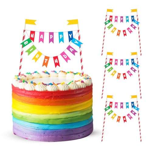 Rainbow Cake Toppers from Totely - Pack of 3 ‘Happy Birthday’ Cake Toppers in Colourful Rainbow Design for Birthday Cakes, Dinners and Parties