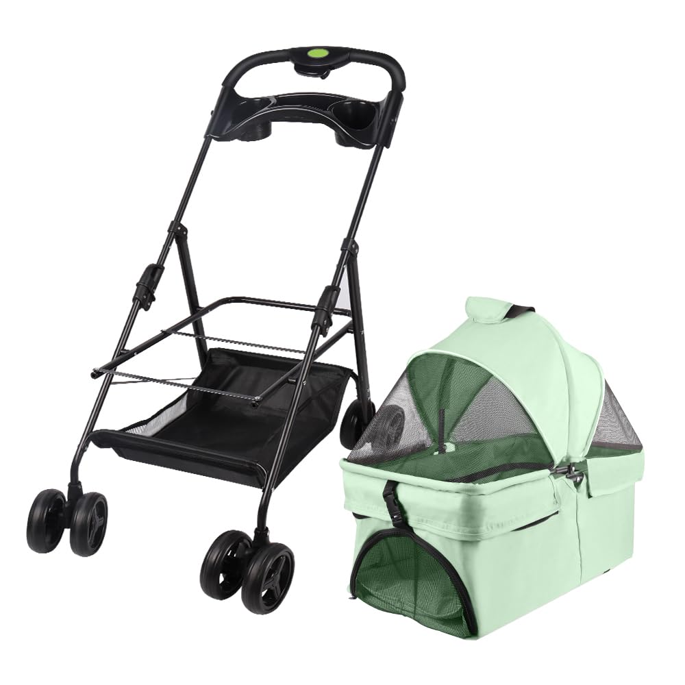 Puppseta 3-en-1 Puppseta para perro y gato, con cesta de almacenamiento, 4 ruedas, plegable, ligera y práctica, desmontable, hasta 20 kg, 50 x 65 x 99 cm, verde menta