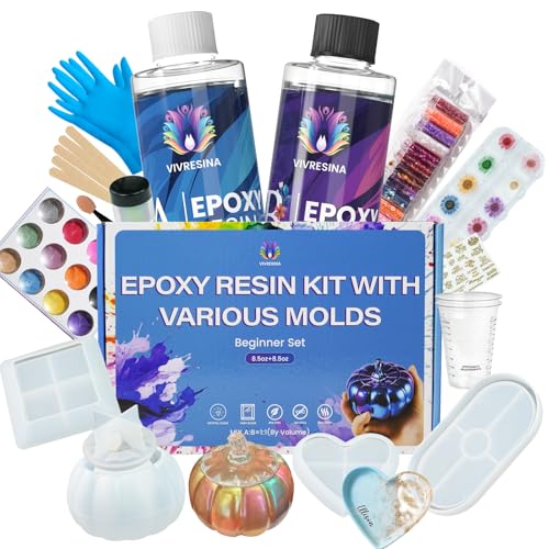 Vivresina Epoxy Resin Kit with Molds for Beginners -17 oz Super Clear Epoxy Resin Complete Kit Include Mica Powders Glitters Dried Flowers and Other Resin Supplies for Adults Crafts Kits DIY Gift