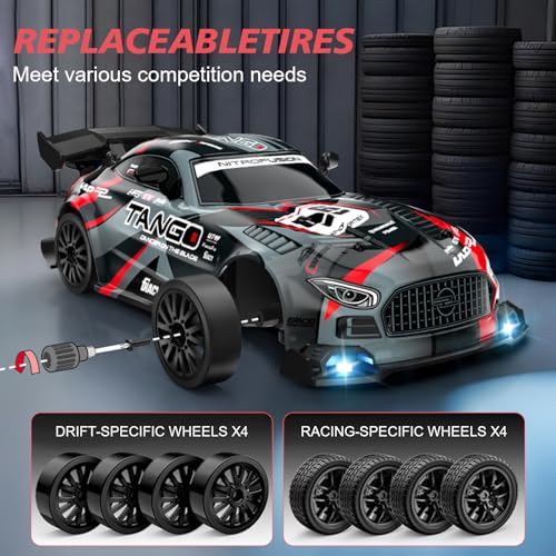 Image of RC Drift Car,1:24 4WD High Speed Electric Remote Control Car with LED Lights,Drifting Tires,2 Batteries,Dual Mode Tires,Hobby Racing Toy Car for Adults & Kids
