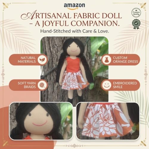 Image of Handcrafted Indian Rag Doll Set, Stitch Soft Toy Doll for Kids, Soft Cotton Fabric Yarn Cloth Doll, Traditional South Indian Soft Toys for Kids Room Decor (Orange, Floral)