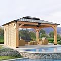 Amerlife 12' x 14' Permanent Wood Gazebo with Privacy Wall, Spruce Frame Hardtop Gazebo with Double-Tier Galvanized Steel Roof, Outdoor Pergola for Backyard, Patio and Garden
