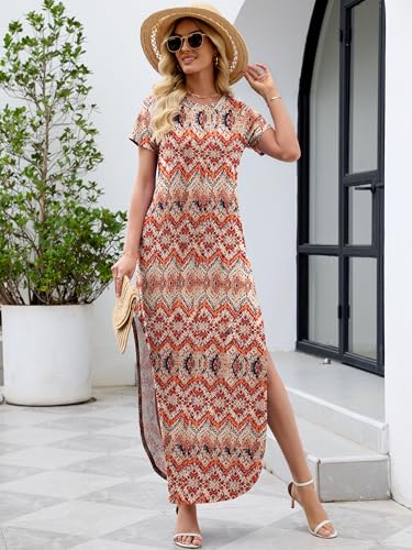 Image of Heymoments Womens Summer Maxi Dress Short Sleeve Casual Loose Long T Shirt Split Vacation Beach Sundress with Pockets