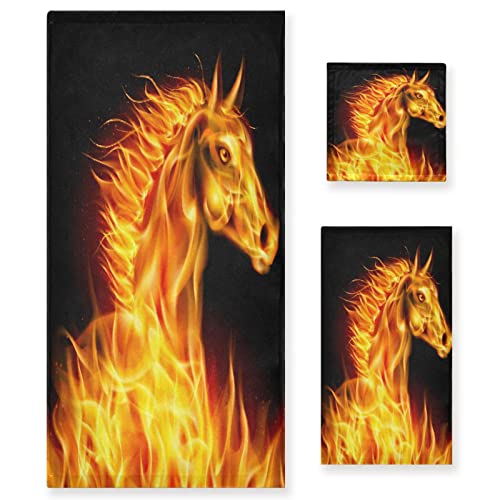 Quteprint Juego de 3 toallas de baño de animales de caballo de fuego, toallas absorbentes, 1 toalla de baño + 1 toalla de mano + 1 toallita para la cara, juego de 3 toallas multiusos súper suaves para
