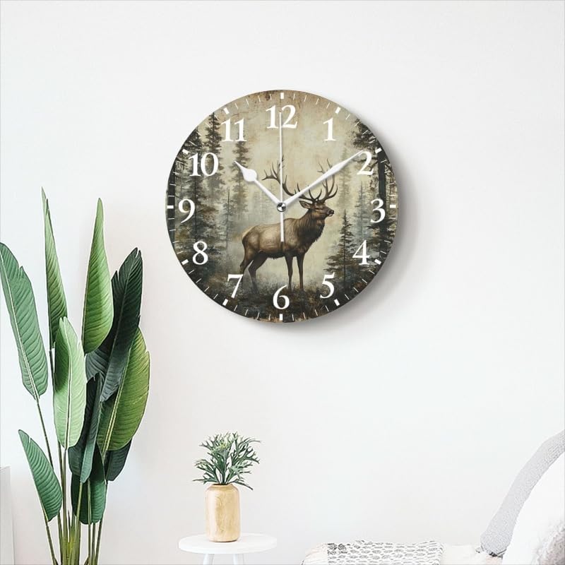 Battery Operated Round Wall Clock Non-Ticking Silent Analog Clcok Decorative for Living Room,Office,Kitchen-an Elk Amidst A Vintage - Styled Woodland(16inch)
