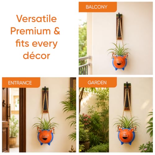 Image of AAKRITI ART CREATIONS Wall Hanging Planter with Hook | Blue Pig Design, Modern Art, Matte Finish | Metal, Terracotta & Wood | Decorative Hanging Pot for Indoor & Outdoor Home Decor