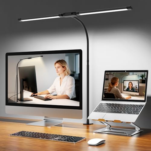 Woputne Desk Lamp with Clamp Super Wide & Bright 5 Color Modes x 10 Brightness Levels 960LM 12W Computer Monitor Table Light Flexible Dual Head Monitor Light for Office Study Crafts & Drawing