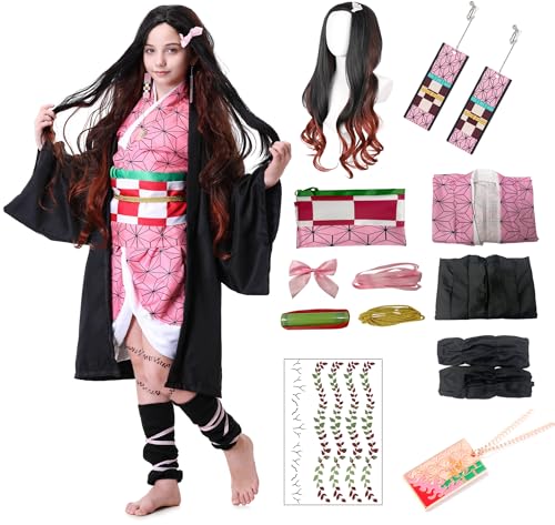 Powzaty Anime Kimono Costumes Women Girls Halloween Cosplay Pink Outfits Cape Festival Uniform Dress Up with Wig (Pink Set Kids 140)