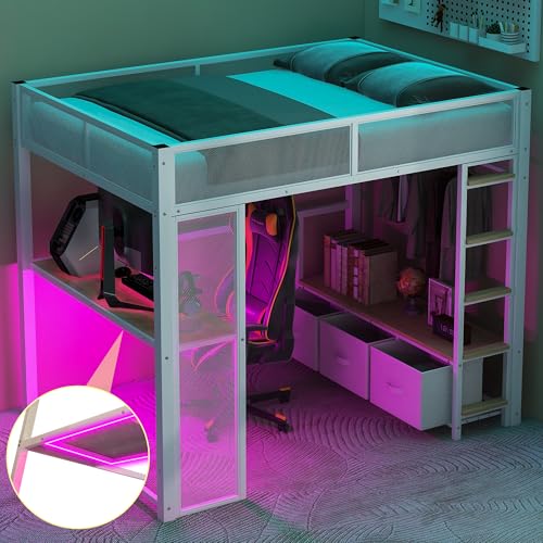 Opiniones de Cama Matrimonial Con Individual Abajo los 5 más buscados. 41 Ziraukon - Cama tipo loft para juegos de tamaño matrimonial con computadora, marco de cama tipo loft de metal con LED, marco de cama mediano con clóset abierto y 3 cajones de...