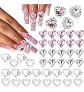 RODAKY 44PSC Pink Nail Charms Valentine's Day 3D Heart Charms with Rhinestone Silver Heart Nail A...