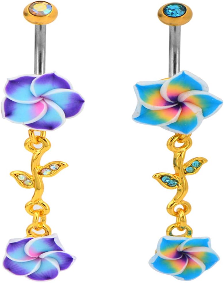 Assorted Set 14 Gauge 3/8 Inch 316L Surgical Steel Barbell Belly Button Navel Rings Dangles Boho Hawaiian Plumeria Flower