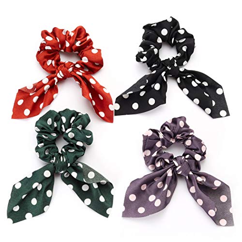 Unicra Hair Scrunchies Bow Satin Hair Ties Dots Hair Accessories for Women and Girls 4PCS