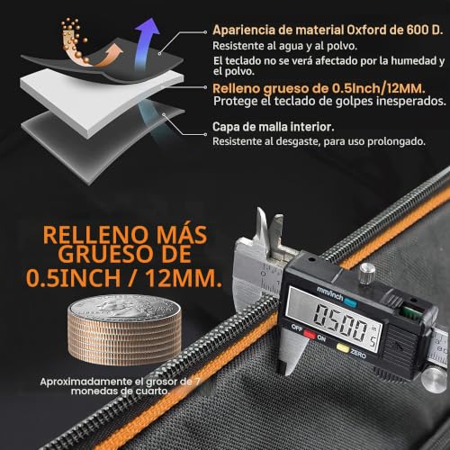 Miniatura 2 de Ruibo Funda Para Teclado De 61 Teclas, Portátil, Duradero, Para Teclado, Piano, Tela Oxford 600d Con Funda Acolchada De Algodón De 10 Mm, Bolsa Para Concierto, 101,6 X 40,6 X 15,2 Cm Negro Naranja
