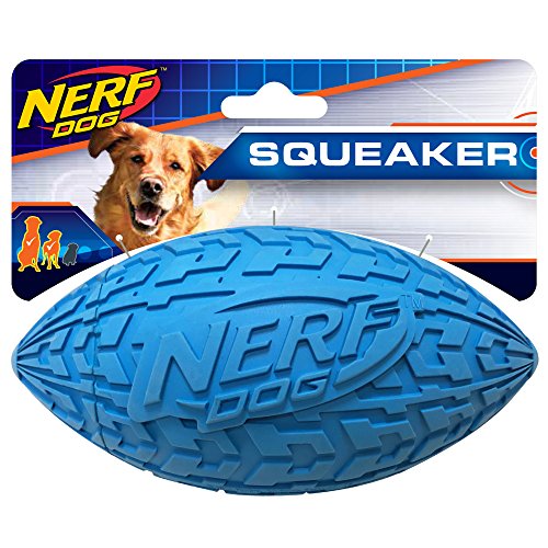 Nerf Dog Tire Football Dog Toy with Interactive Squeaker, Lightweight, Durable and Water Resistant, 6 Inch Diameter for Medium/Large Breeds, Single Unit, Blue (1571)