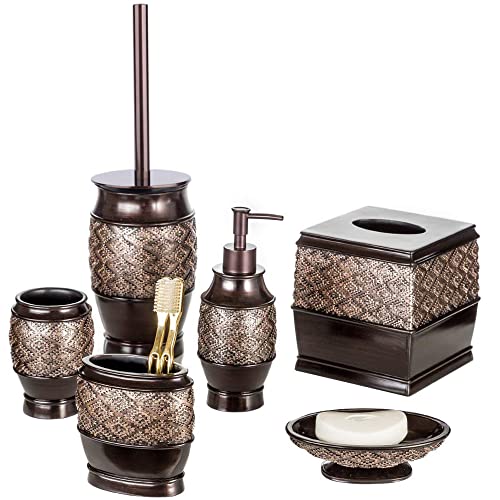Creative Scents Dublin Brown Bathroom Accessories Set - 6-Piece Bathroom Set Includes: Toilet Bowl Brush, Tissue Box Cover, Decorative Soap Dispenser, Soap Dish, Tumbler and Toothbrush Holder