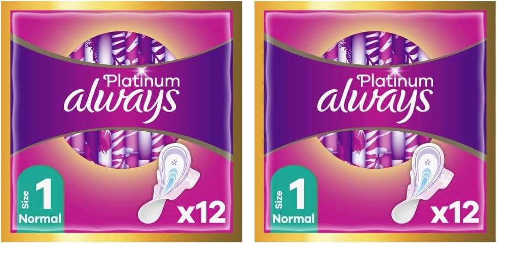 Always Platinum Serviettes Hygiéniques, Taille 1, Normal, 12 Serviettes Avec Ailettes, Flux Légers Jour, Format Eco, Douces et Flexibles, Super Absorbantes et Ultra Fines (Lot de 2)