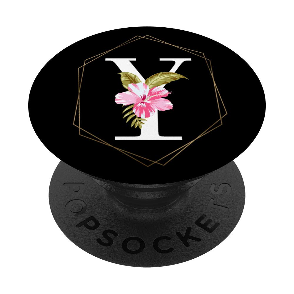 Letter Y Monogram Initial Name Pink Hibiscus Floral on Black PopSockets PopGrip: Swappable Grip for Phones & Tablets