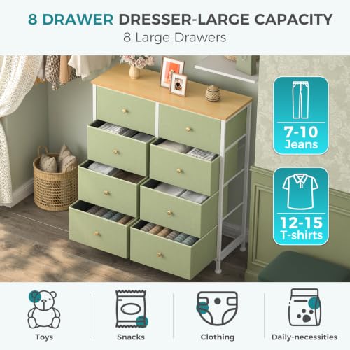 Image of OLIXIS 8 Drawer Storage Dresser with Wood Top - Wide Fabric Chest Organizer for Bedroom, Closet, Living Room,Tower Cabinet, TV Stand, Hallway Entryway Furniture, Light Green