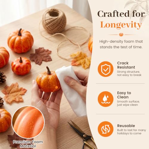 Image of DomeStar 38 PCS Fake Pumpkin Set, 8 PCS Pumpkins for Decorating, Fall Table | 30 PCS Maple Leaves Thanksgiving Fall, Harvest Decorations for Home, Decor