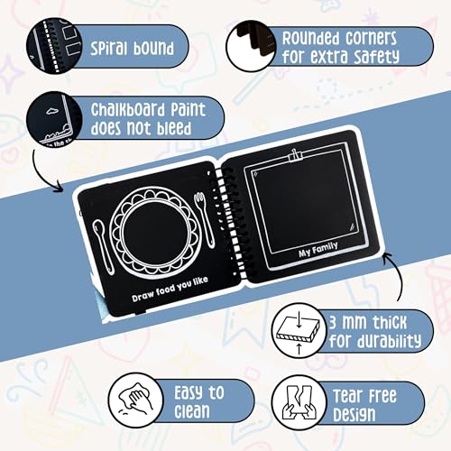 Image of Berrybee Kids Reusable Chalkboard Activity Book | 12 Erasable Learning Activities with Chalk & Holder | Portable Screen-Free Educational Travel Toy for Boys & Girls Age 4+