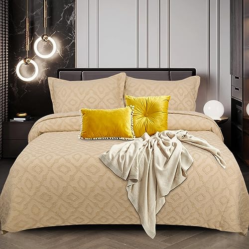 King Size Quilted Bedspread Throw Beige Reversible Embossed Pattern Bed Cover Bedspread Comforter Set - Modern Texture Bedding Set with Matching 2 Pillow Shams