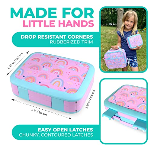 Image of Bento Lunch Box with Thermo for Kids Set, Insulated Lunch Bag with Ice Pack, Stainless Steel Food Jar for Hot Soup, Boxes with 4 Compartments for Girls Toddler Snacks Lunches, Purple Rainbow