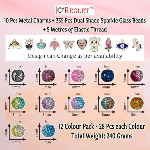 Image of REGLET- 10 Charms + 335 Pcs Dual Shade Sparkle Bracelet Beads for Kids, Glass Beads for Bracelet Making Kit, Jewellery Making Kit, Crystal Bead Craft - Multicolour - 240g