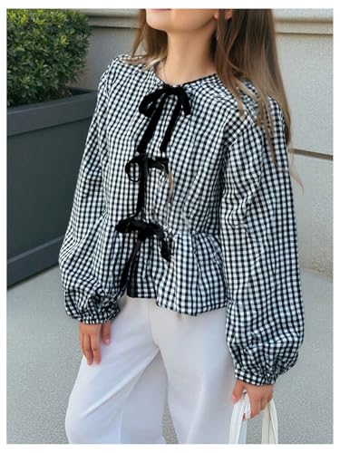 SHENHE Girl's Gingham Bow Top Lantern Sleeve Ruffle Hem Peplum Blouse Cute Going Out Top4