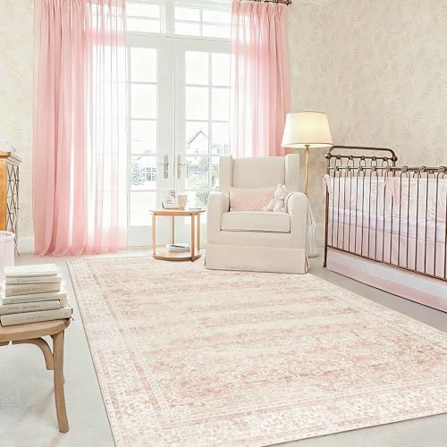 Image of Pink Area Rug for Living Room Low Pile Soft 8 x 10 Carpet with Non Slip Washable Neutral Boho Floral Rugs for Hardwood Floor Protector Extra Large Area Rugs 8x10 for Big Nursery Bedroom Livingroom