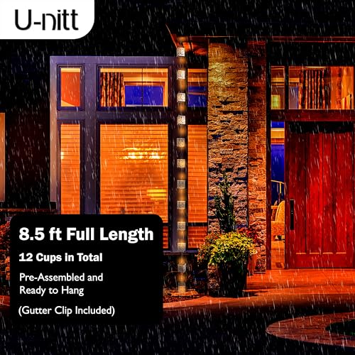 Rain Chain Water Collection for Gutters, Rainwater Catcher & Diverter, 8.5 FT Chains for Outside Garden, Antique Light Up Cups, Roof Downspout, Works with Heavy Rain, w/Gutter Clip for Rainchains