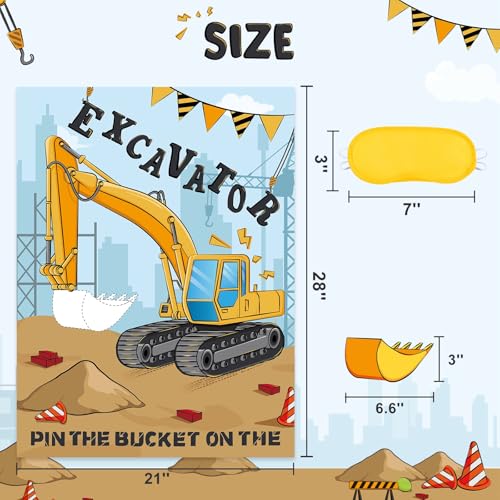Image of WERNNSAI Pin the Bucket on the Excavator Construction Party Game | Construction Birthday Party Supplies,Truck Party Activity for Kids Boys,28 inch x 21 inch Truck Poster with 24 Stickers and Blindfold