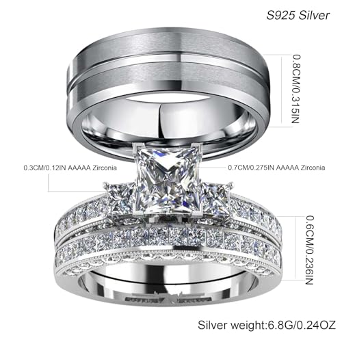 Couple Rings White Gold Plated 925 Sterling Silver Ring Square 1.5CT CZ Women Wedding Ring Sets Men Titanium Steel Ring2