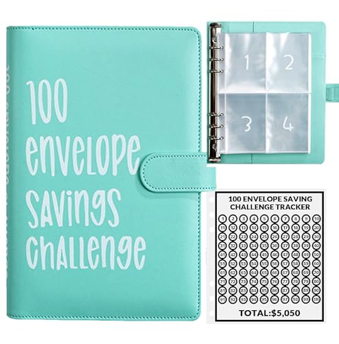 100 Envelopes Money Saving Challenge, 100 Envelope Challenge Binder, Easy and Fun Way to Save $5,050, Savings Challenges Budget Book Binder with Cash Envelopes for Office,Home,School (Green)