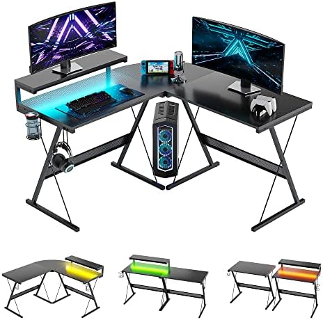 Bestier L Shaped Gaming Desk 140CM Computer Desk with LED Lights Corner Desk with Cup Holder and Headphone Hook Modern Workstation Ergonomic for Home Office