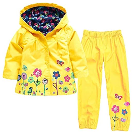 Baotung Barn flickor 2-delad uppsättning kläder vattentät regnjacka regndräkt regnrock med huva och blommönster regnbyxor, GUL, 86/92 cm