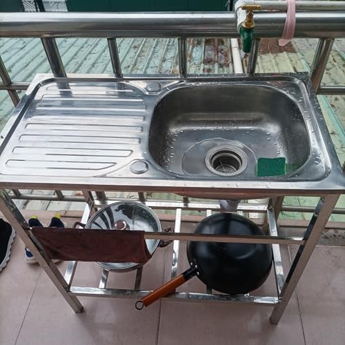 Portable Outdoor Camping Sink Station with Cold Faucet and Fish Cleaning Table Stainless Steel Utility Sink/Laundry Sink/Washing Hand Basin with Hose Hook Up for Beach Patio Backyard Picnic Garages
