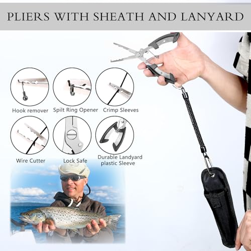 Hungdao 7 Pcs Fishing Gear and Equipment Fishing Tools Kit for Boys Father Men Fish Accessories Include Net, Hook Remover Tool, Digital Scale, Pliers, Lanyard Beginners Gifts(51.2 Inches,Black) - Image 4