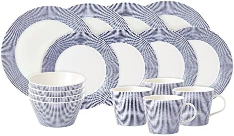 Royal Doulton - Pacific Blue Collection - Porcelain Tableware Set of 16 - Dinner Plates, Salad Plates, Pasta Bowls, Cereal Bowls