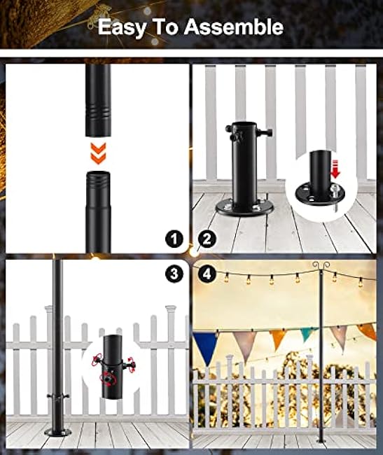 12FT String Light Poles - 2 Pack Deck Light Poles for Outside String Lights Heavy Duty with Anchor Based and Bracket - Waterproof Outdoor Patio Light Poles for Wedding, Party