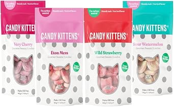 Candy Kitten Vegan Sweets CORE Selection 4 x 140g Wild Strawberry Sour Watermelon Very Cherry & Eton Mess Perfect Vegan Gifts Bulk Bags Naturally Flavoured With Fruit Juice by Zamfoods 4 Mix