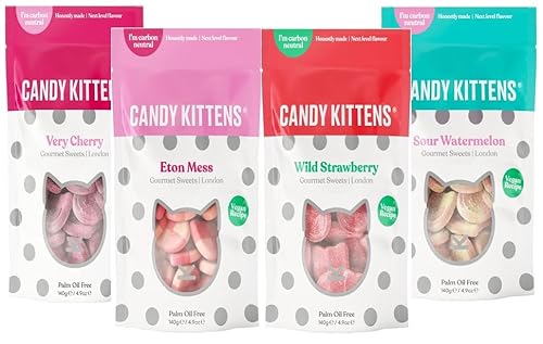 Image of Candy Kitten Vegan Sweets CORE Selection 4 x 140g Wild Strawberry Sour Watermelon Very Cherry & Eton Mess Perfect Vegan Gifts Bulk Bags Naturally Flavoured With Fruit Juice by Zamfoods (4 Mix)