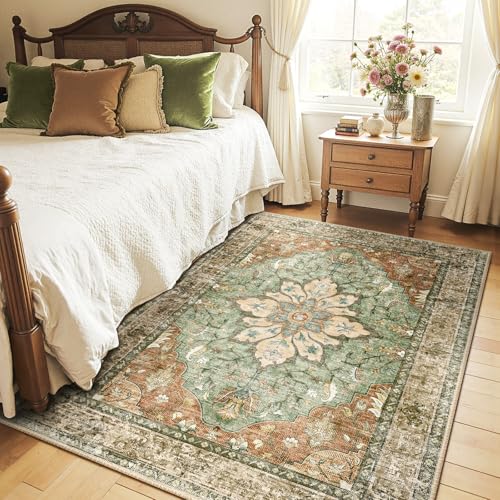 RELEANY Area Rugs 4'x5' Washable Non-Slip, Floral Vintage Distress Print