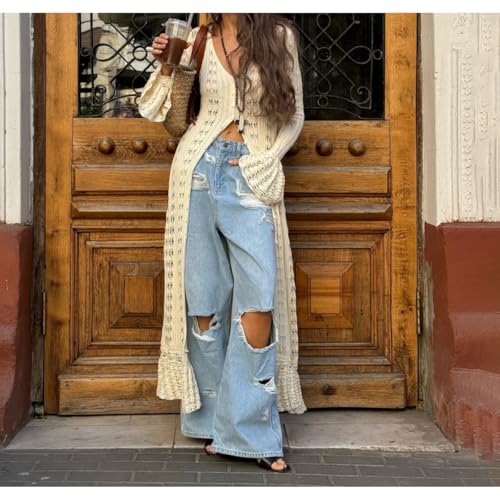 Women's Cardigans Dresses 2024 Fall Boho Maxi Hollow Out Designs Front Knitted Cover Ups Fashion Flowy Maxi Dress3