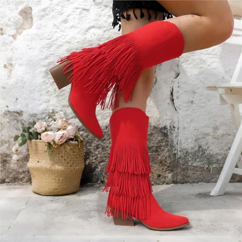 Image of Cowgirl Boots for Women Retro Pointed Toe Pull On Block Chunky Heel Embroide Tassel Country Concert Outfits Mid Calf Western Fringe Cowboy Boots