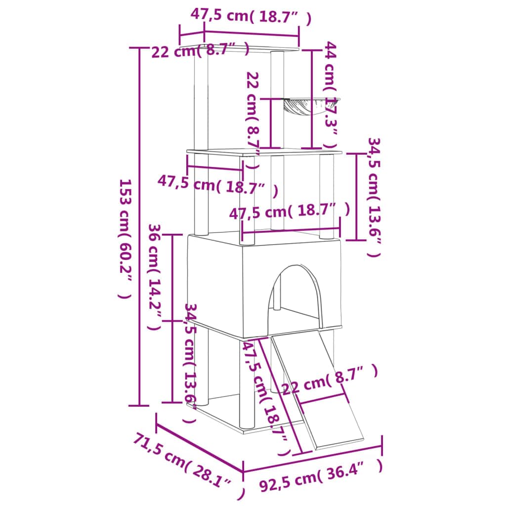 Árbol rascador de 153 cm con cueva, color gris claro | Torre para gatos de varios pisos con cueva, hueco para tumbarse y rampa de juego para el salón, estable y versátil.