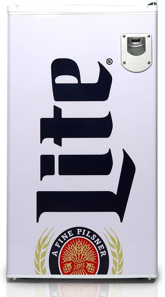Miller Lite Refrigerator - 3.2 Cubic Feet Capacity, White, Fridge For Kitchen, Bedroom, office, Dorms, Cuarto, Cool Storage For Wine, Drink, Beverages, Compact Free Standing, Neveras Pequeñpara