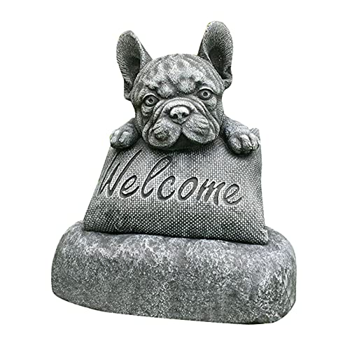 Frdun Sculpture de bienvenue en forme de bouledogue français - Décoration de jardin - Panneau de bienvenue en résine - Décoration d'intérieur et d'extérieur