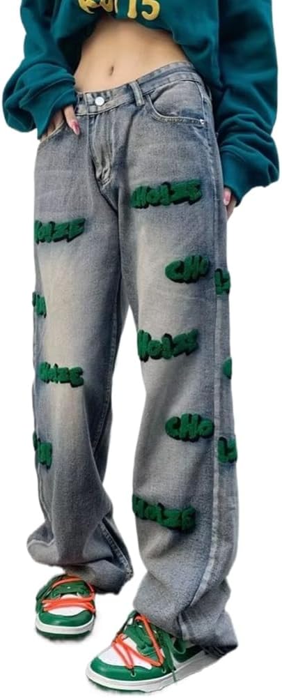 Street Embroidered Jeans for Women in Spring Design straightleg Pants Waist Slim Floor Trousers