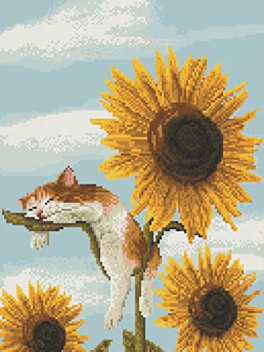 OWN4B Kit de punto de cruz estampado, girasoles y gatos, 11 quilates, 38 x 48 cm, kit de bordado (girasol)