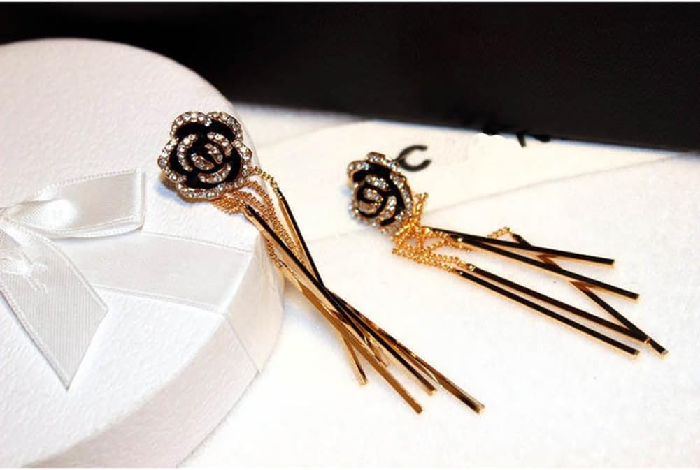 Rhinestone Pendant Black Rose Floral Tassel Earrings - Image 6